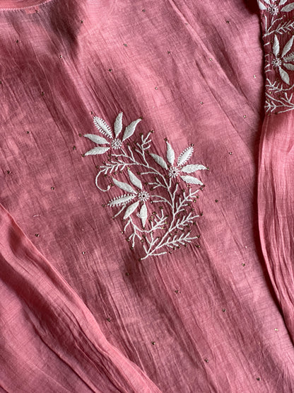 Carrot Pink Shade Chikankari Short Shirt With Lining