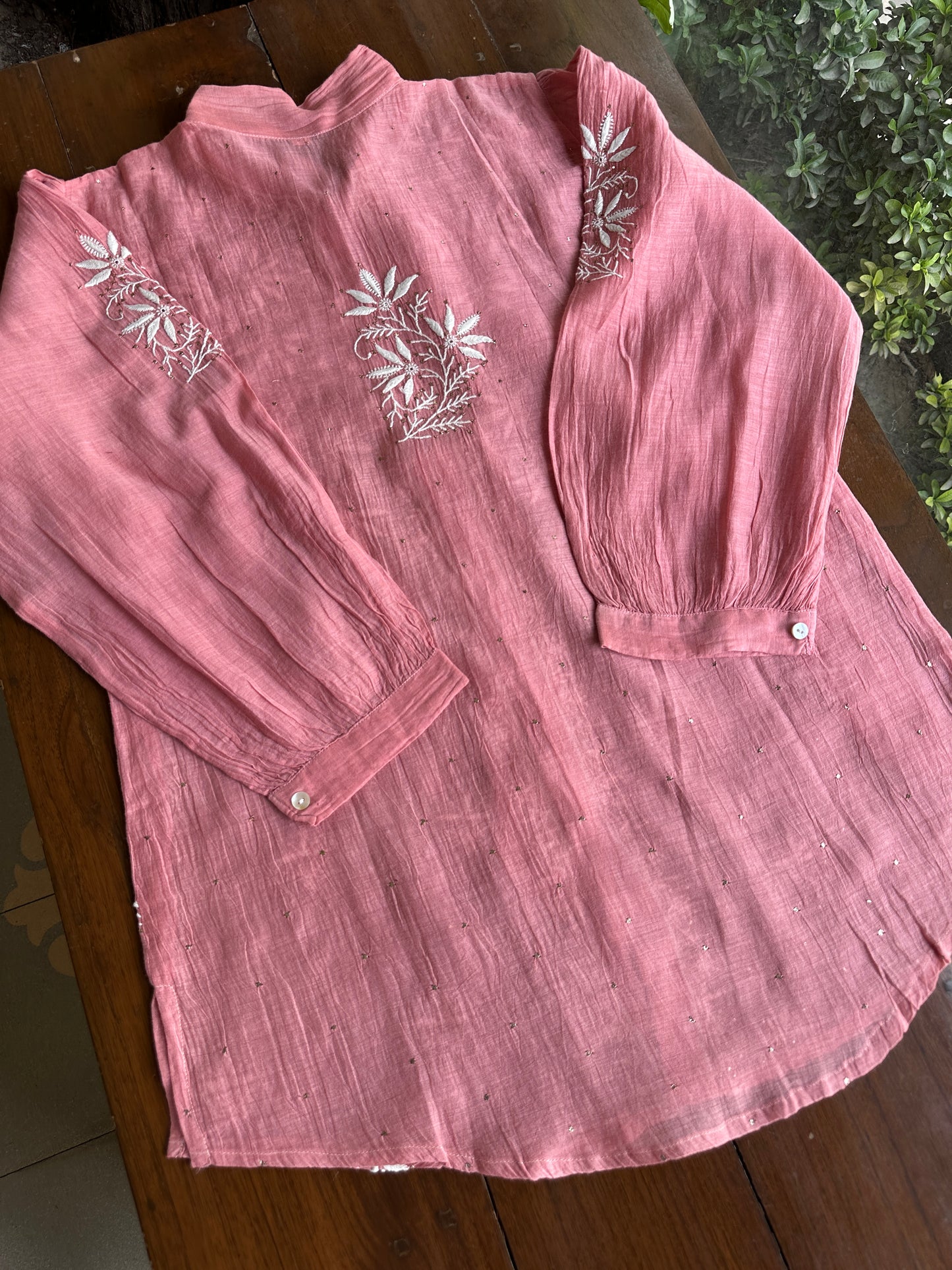 Carrot Pink Shade Chikankari Short Shirt With Lining