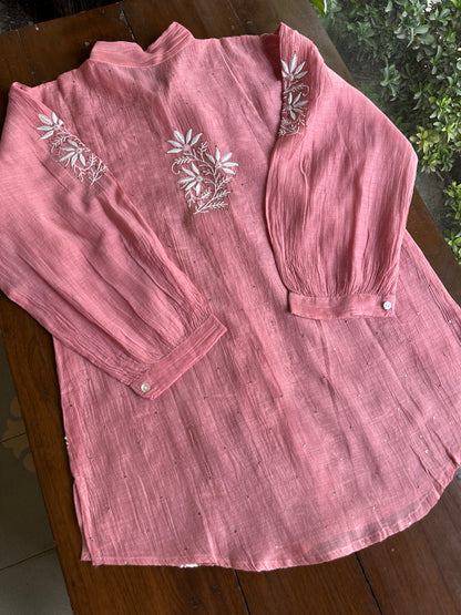 Carrot Pink Shade Chikankari Short Shirt With Lining