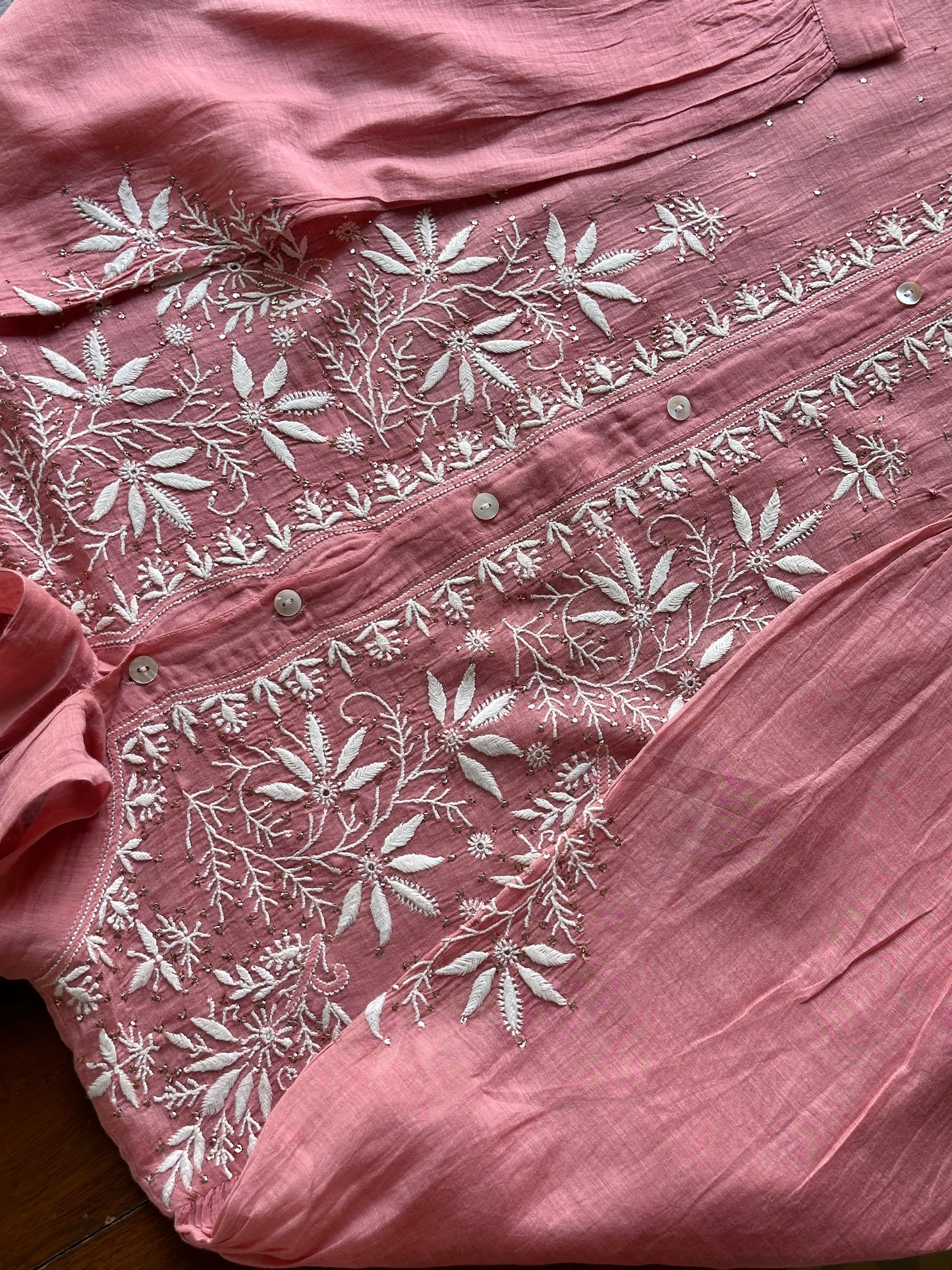 Carrot Pink Shade Chikankari Short Shirt With Lining