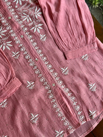 Carrot Pink Shade Chikankari Short Shirt With Lining