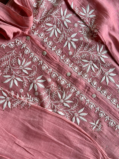 Carrot Pink Shade Chikankari Short Shirt With Lining