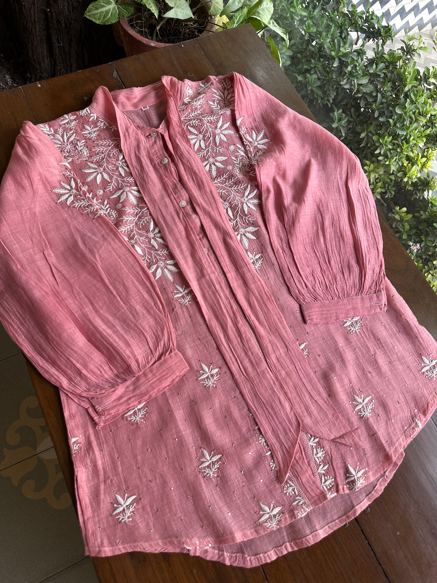 Carrot Pink Shade Chikankari Short Shirt With Lining