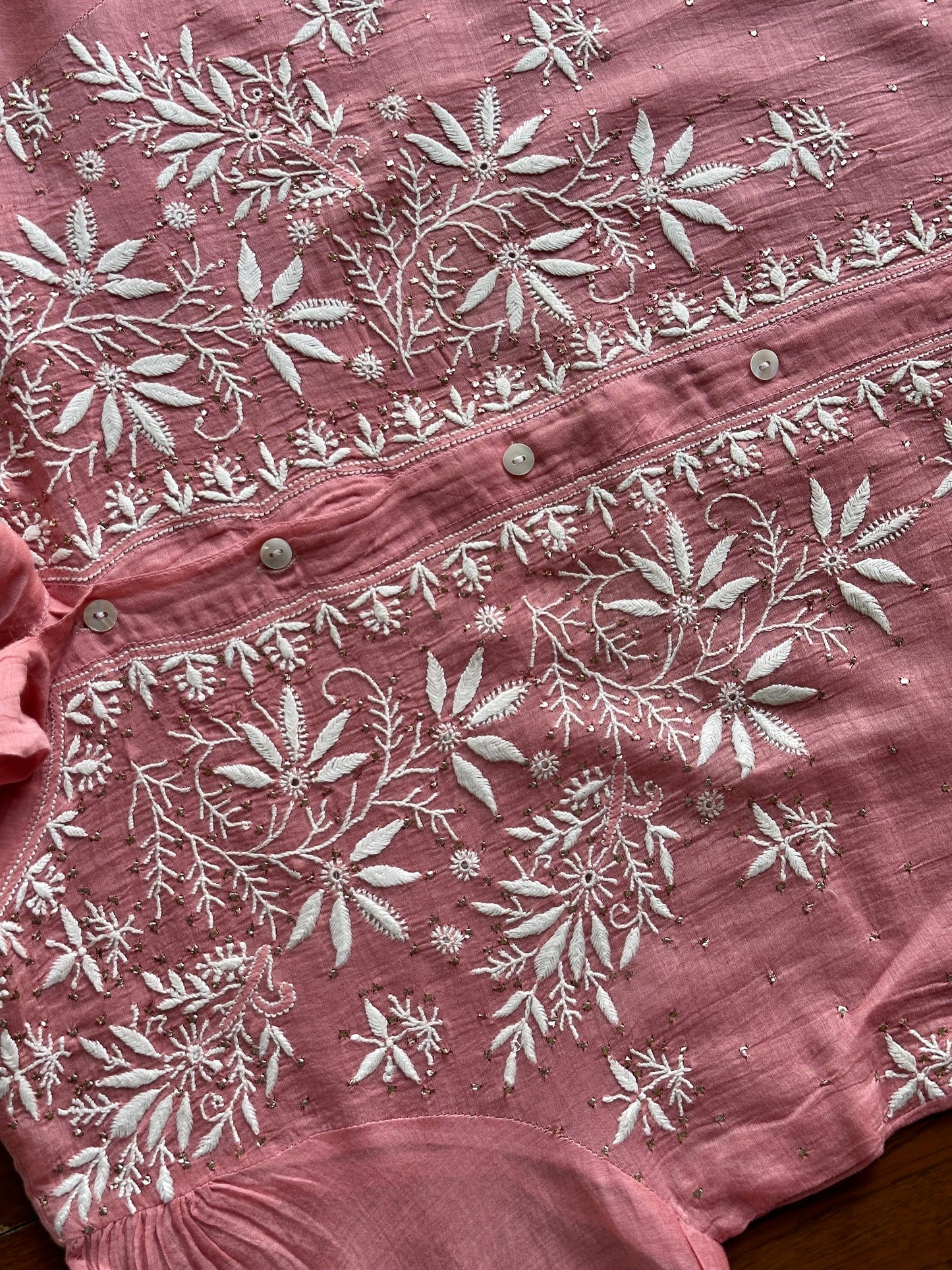 Carrot Pink Shade Chikankari Short Shirt With Lining