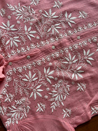Carrot Pink Shade Chikankari Short Shirt With Lining