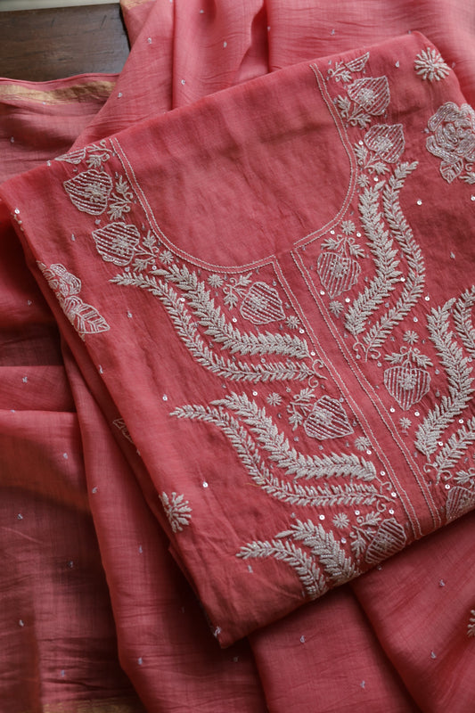 Carrot Pink Shade  Malmal Pearl Work Chikankari Fabrics
