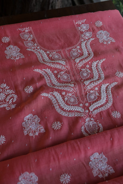Carrot Pink Shade  Malmal Pearl Work Chikankari Fabrics