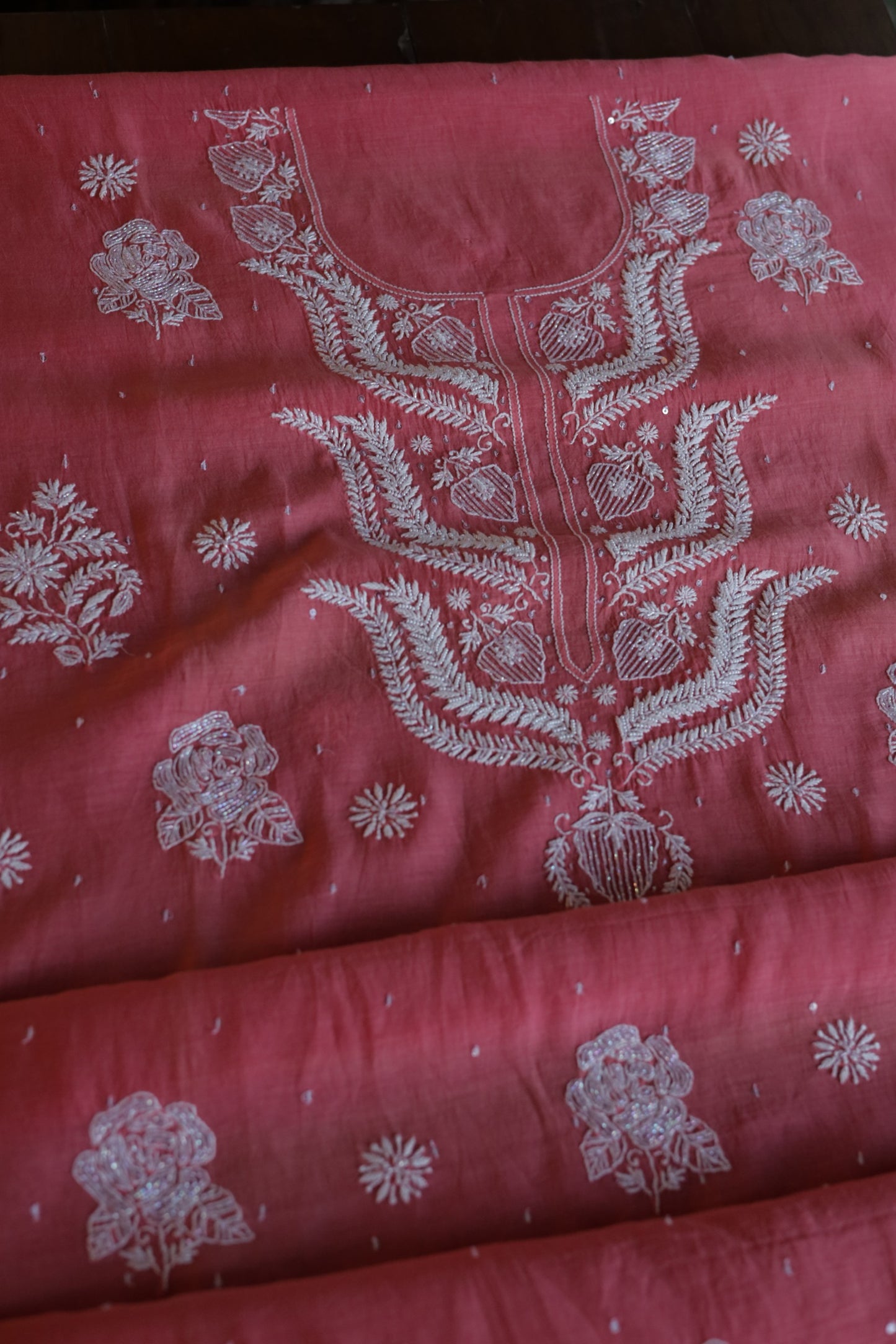 Carrot Pink Shade  Malmal Pearl Work Chikankari Fabrics