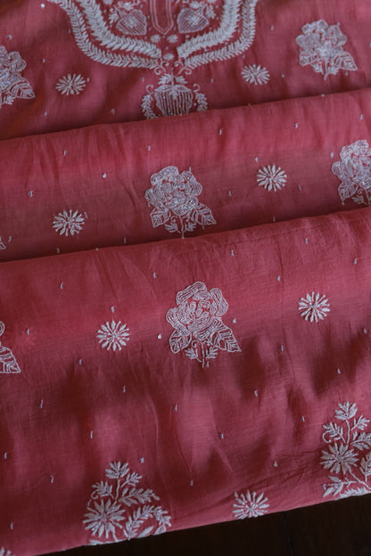Carrot Pink Shade  Malmal Pearl Work Chikankari Fabrics