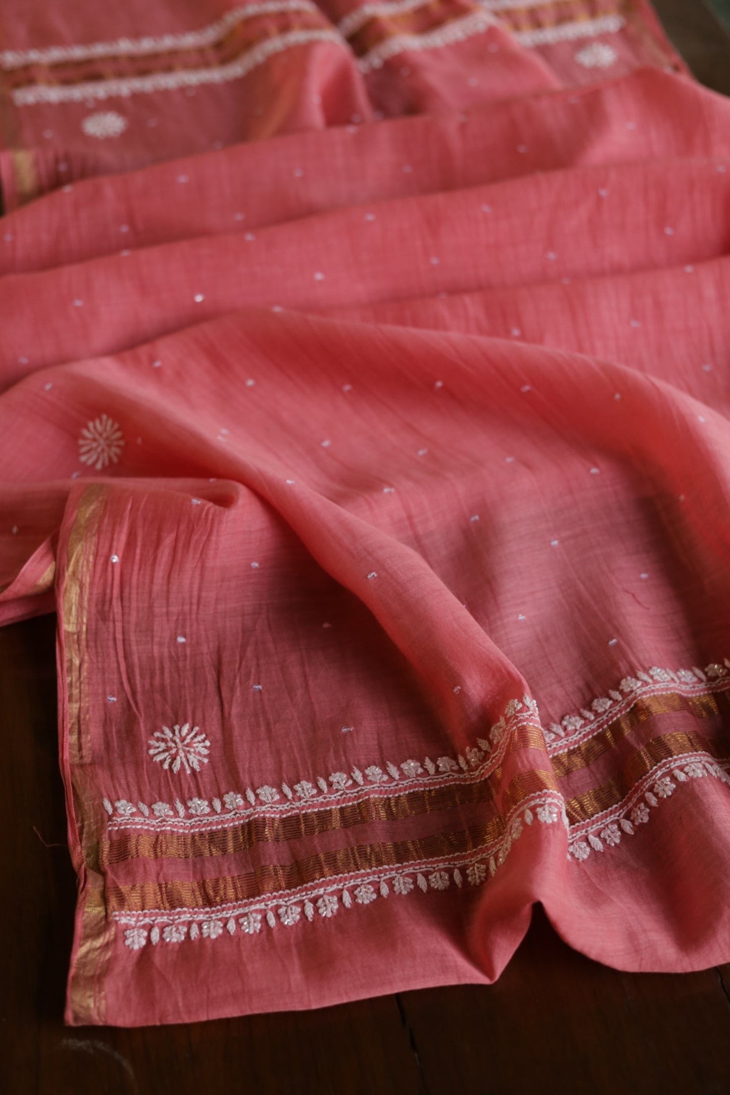 Carrot Pink Shade  Malmal Pearl Work Chikankari Fabrics