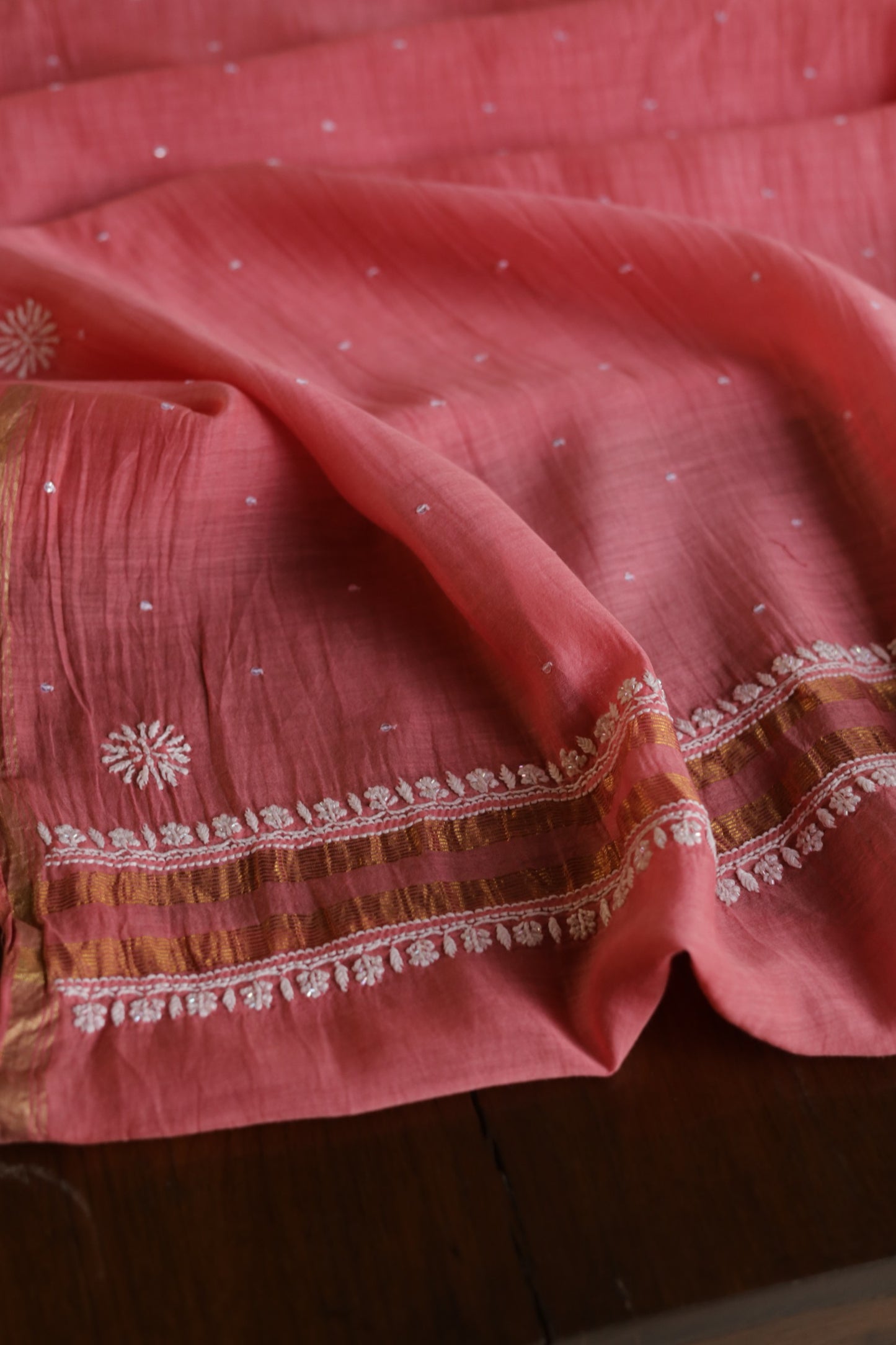 Carrot Pink Shade  Malmal Pearl Work Chikankari Fabrics