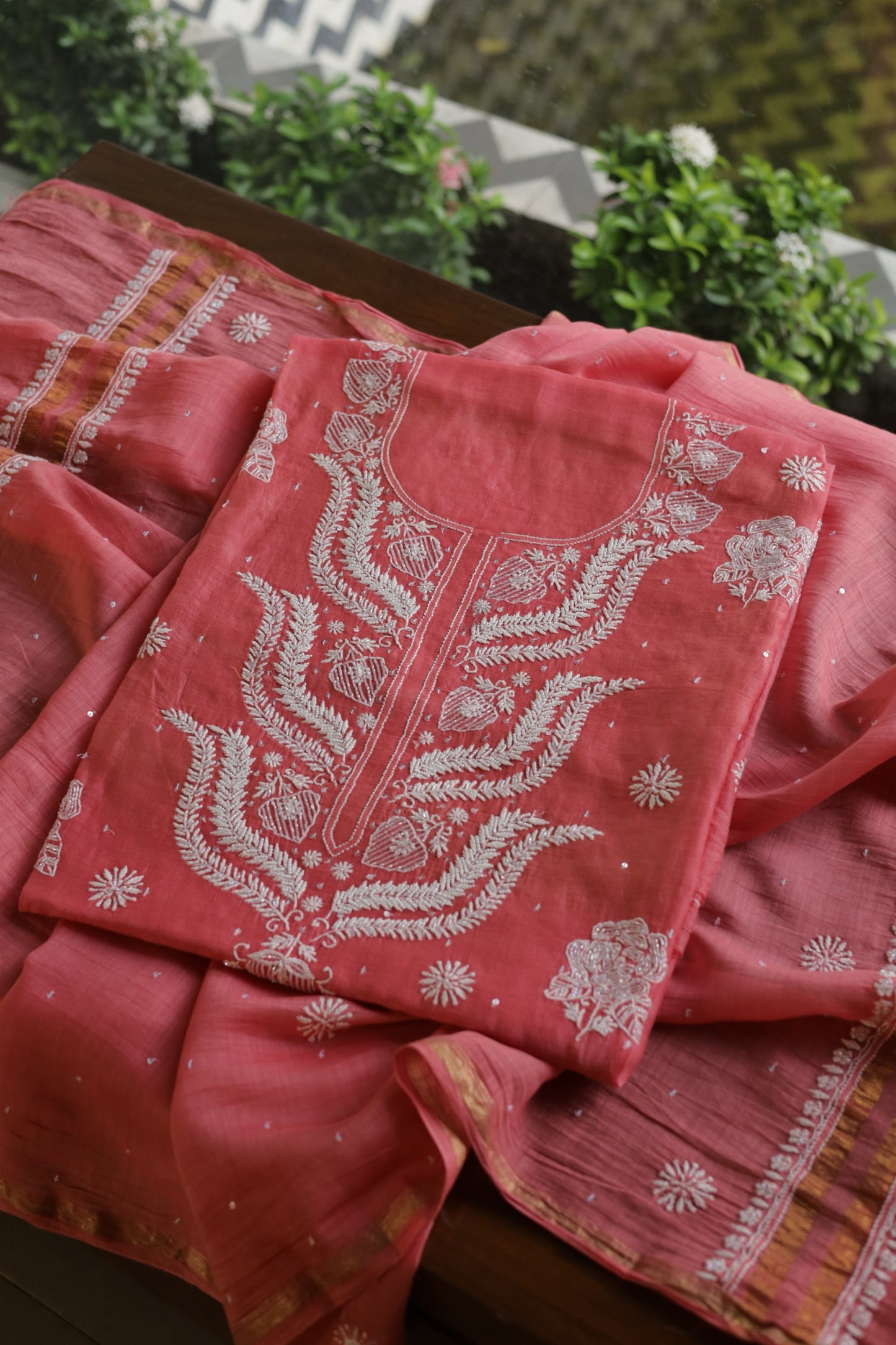 Carrot Pink Shade  Malmal Pearl Work Chikankari Fabrics