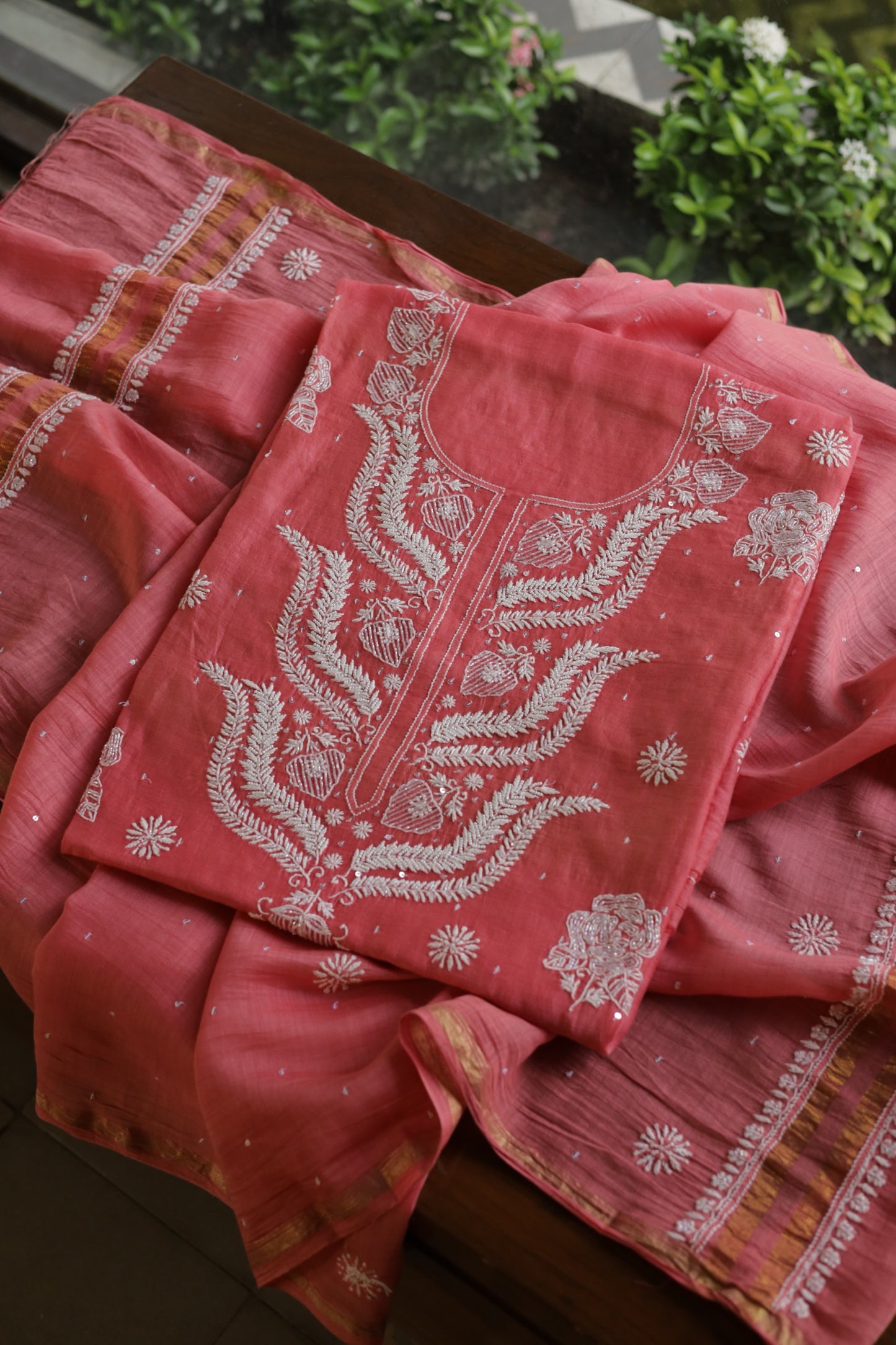 Carrot Pink Shade  Malmal Pearl Work Chikankari Fabrics