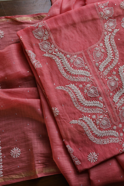 Carrot Pink Shade  Malmal Pearl Work Chikankari Fabrics