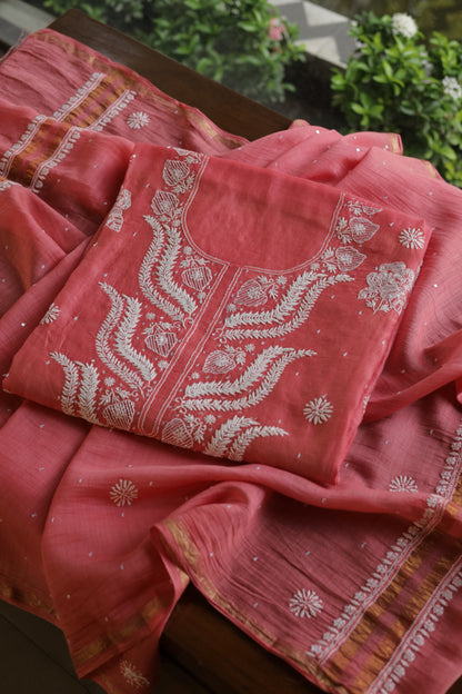 Carrot Pink Shade  Malmal Pearl Work Chikankari Fabrics