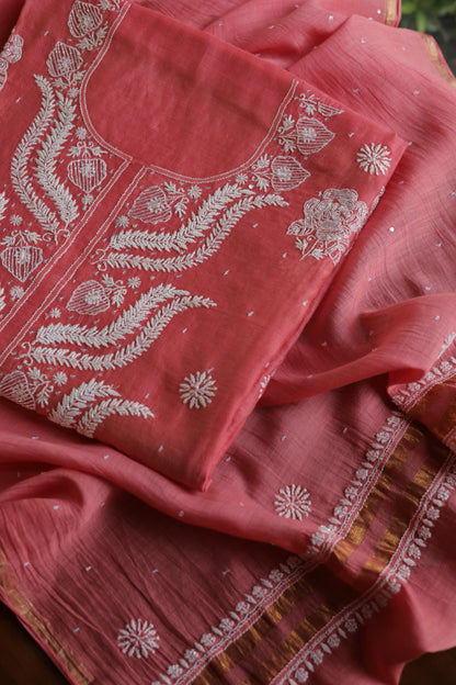 Carrot Pink Shade  Malmal Pearl Work Chikankari Fabrics