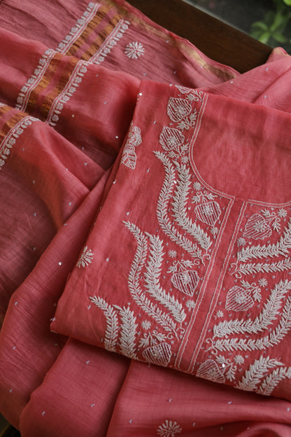 Carrot Pink Shade  Malmal Pearl Work Chikankari Fabrics