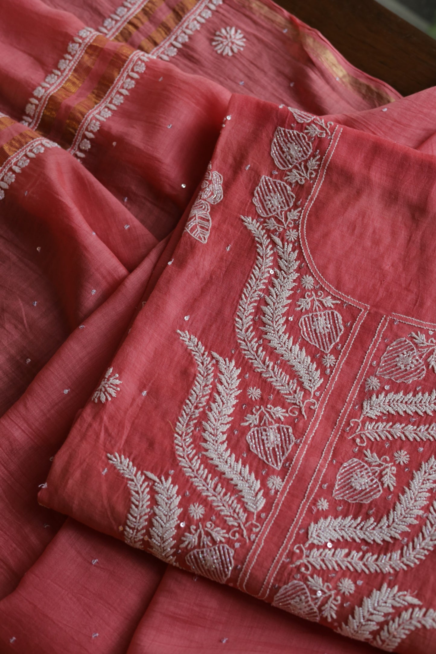 Carrot Pink Shade  Malmal Pearl Work Chikankari Fabrics