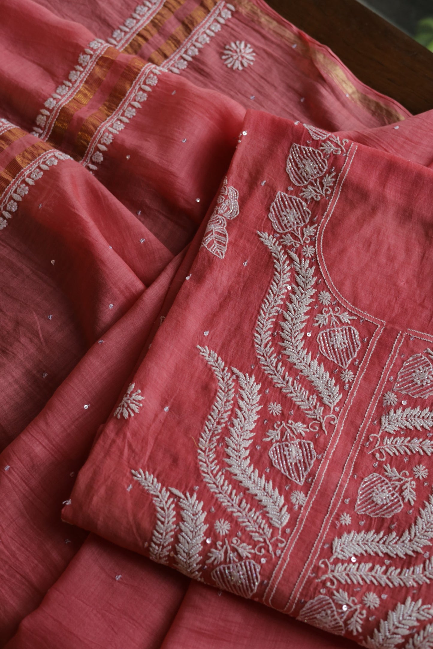 Carrot Pink Shade  Malmal Pearl Work Chikankari Fabrics