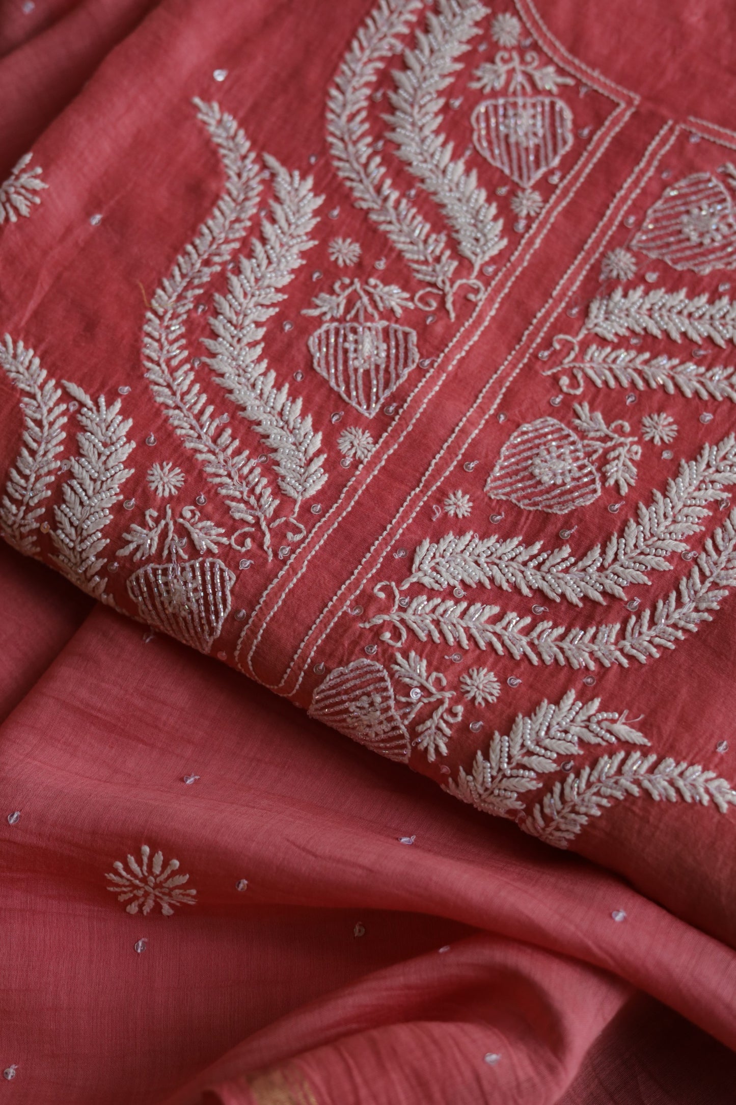 Carrot Pink Shade  Malmal Pearl Work Chikankari Fabrics