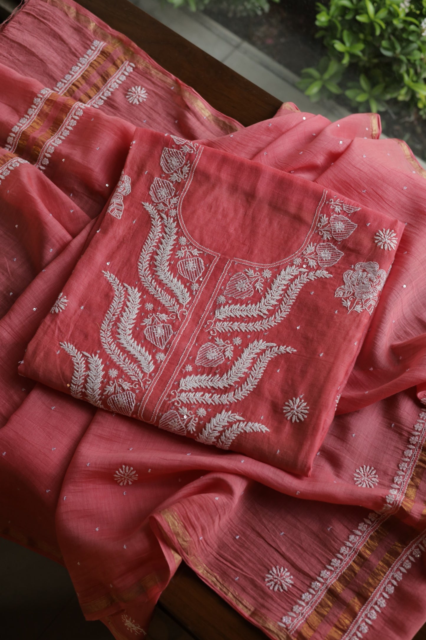 Carrot Pink Shade  Malmal Pearl Work Chikankari Fabrics