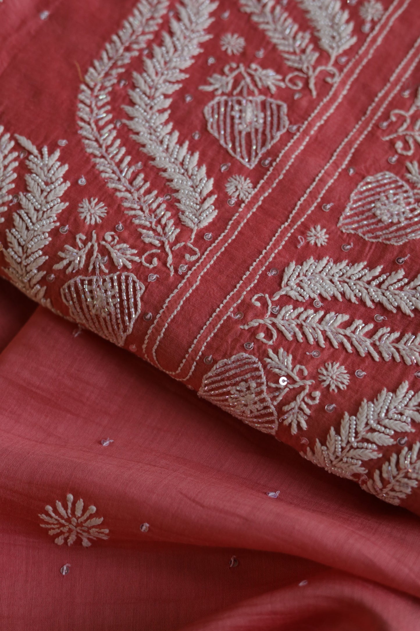 Carrot Pink Shade  Malmal Pearl Work Chikankari Fabrics