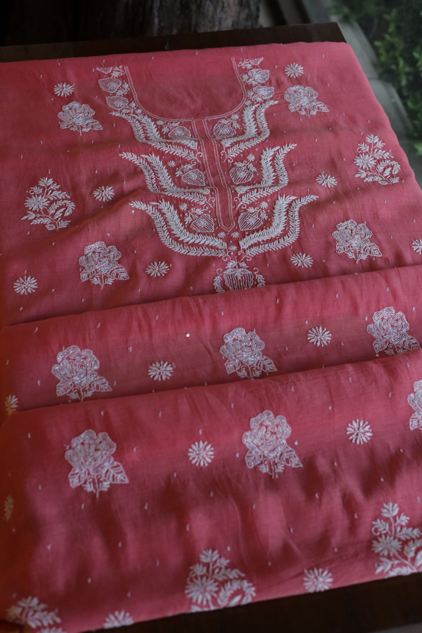 Carrot Pink Shade  Malmal Pearl Work Chikankari Fabrics