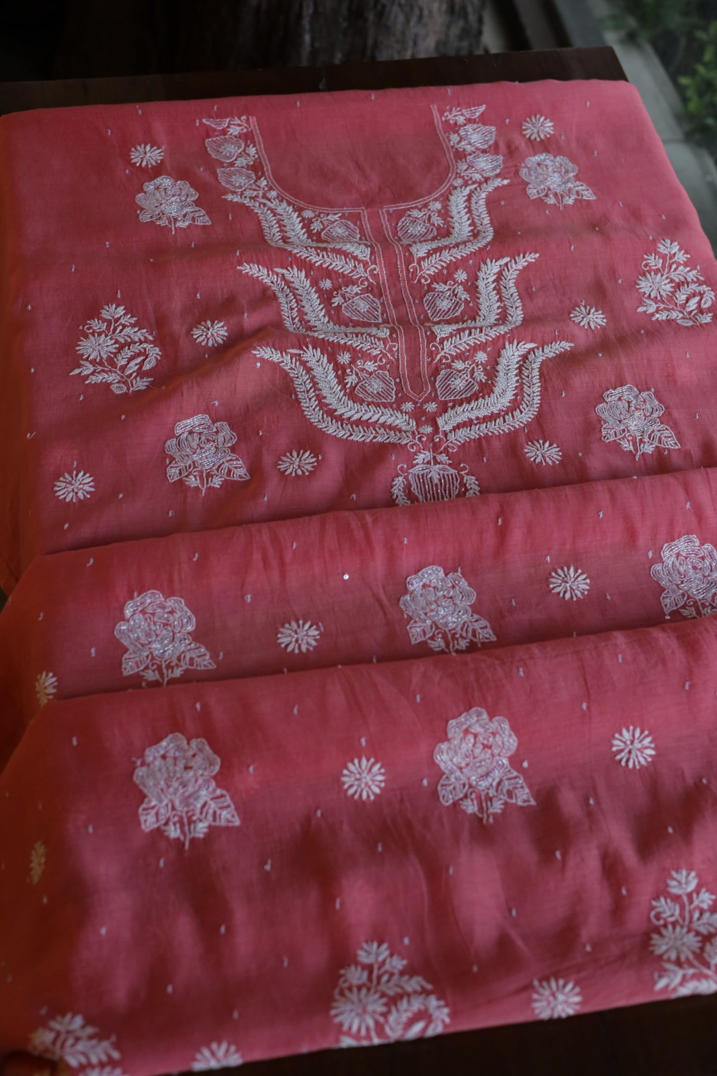 Carrot Pink Shade  Malmal Pearl Work Chikankari Fabrics