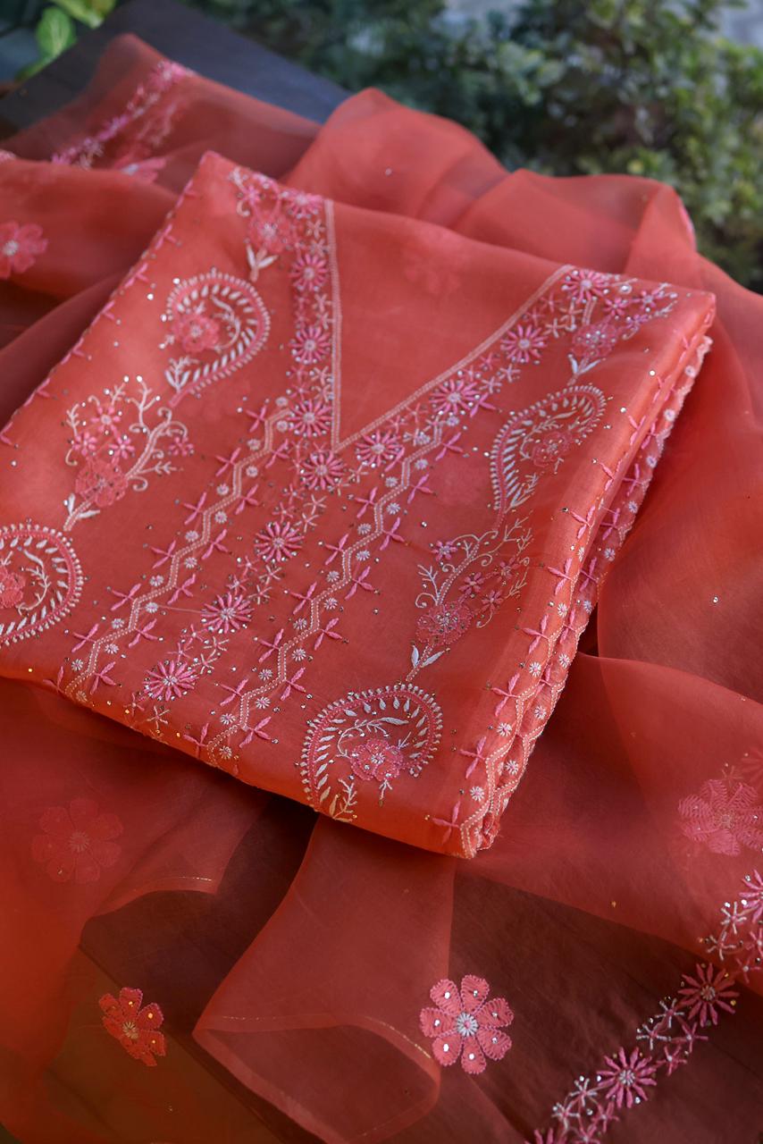 Carrot Pink Shade Organza Silk Chikankari Unstitched Fabric