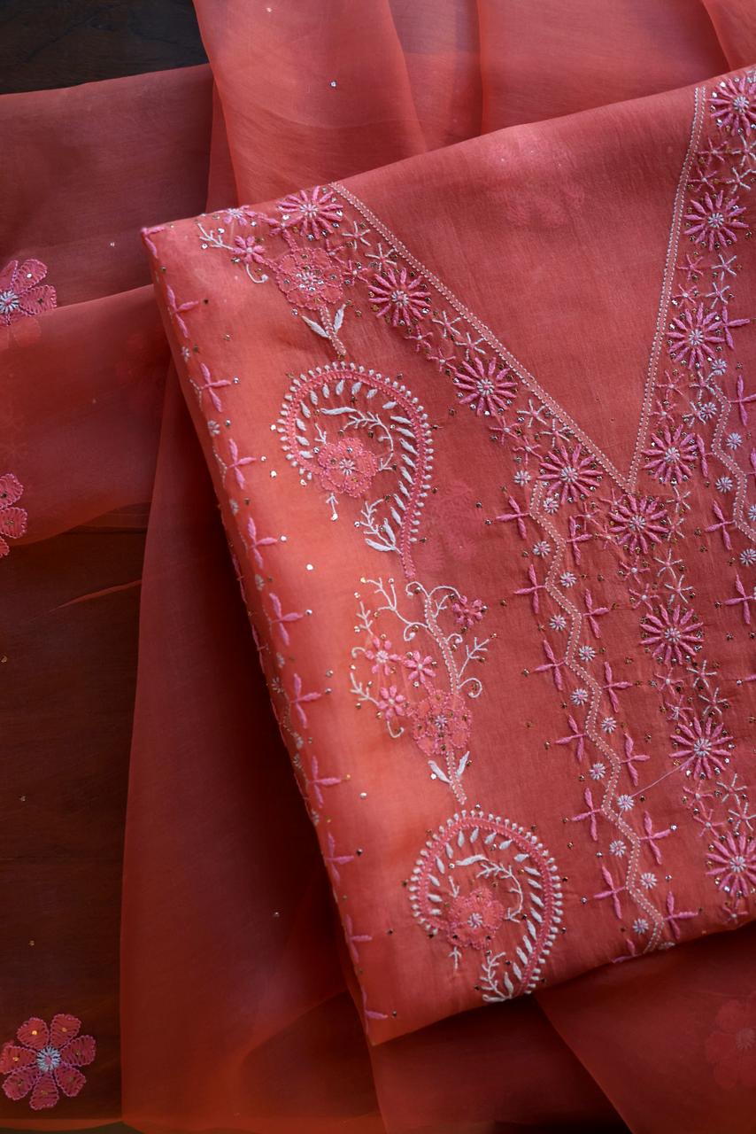 Carrot Pink Shade Organza Silk Chikankari Unstitched Fabric