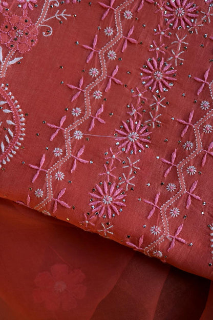 Carrot Pink Shade Organza Silk Chikankari Unstitched Fabric