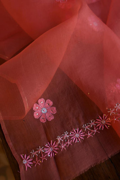 Carrot Pink Shade Organza Silk Chikankari Unstitched Fabric
