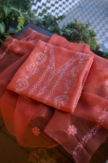 Carrot Pink Shade Organza Silk Chikankari Unstitched Fabric