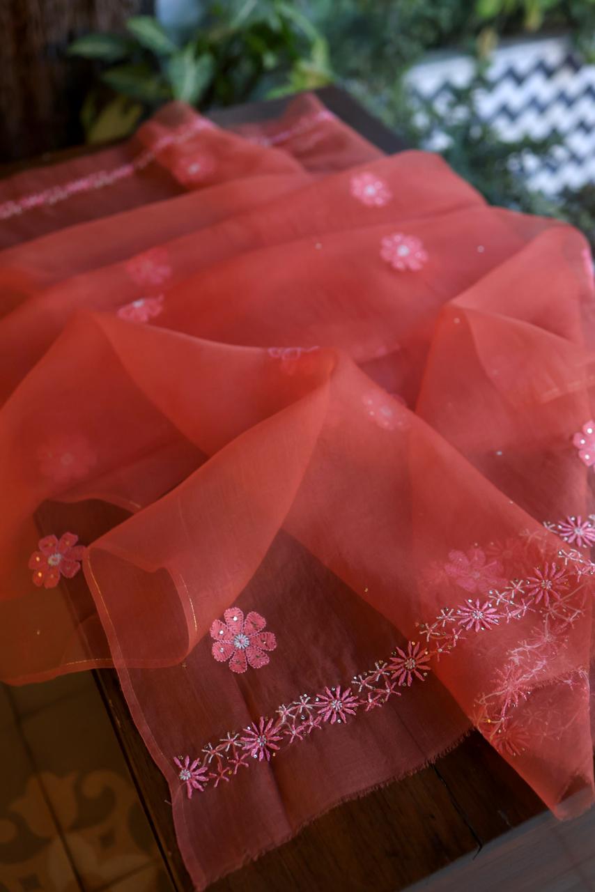 Carrot Pink Shade Organza Silk Chikankari Unstitched Fabric