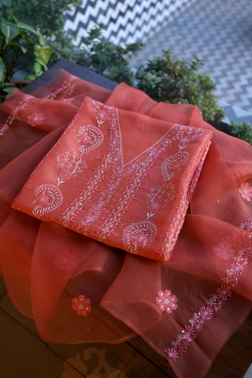 Carrot Pink Shade Organza Silk Chikankari Unstitched Fabric