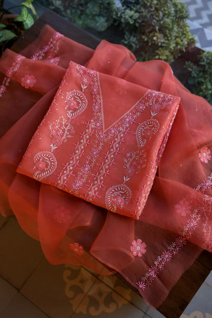 Carrot Pink Shade Organza Silk Chikankari Unstitched Fabric