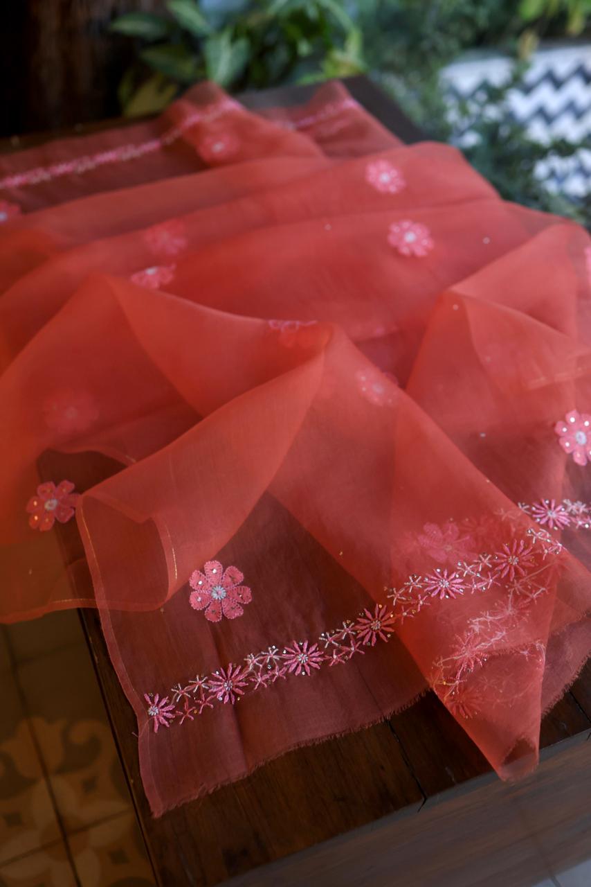 Carrot Pink Shade Organza Silk Chikankari Unstitched Fabric