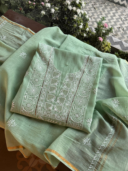 Cascade Green Shade Mal Cotton Fine Chikankari With Kamdani Work Unstitched Fabric