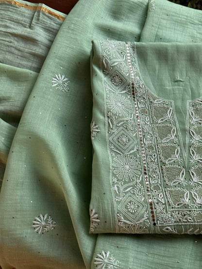 Cascade Green Shade Mal Cotton Fine Chikankari With Kamdani Work Unstitched Fabric