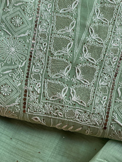 Cascade Green Shade Mal Cotton Fine Chikankari With Kamdani Work Unstitched Fabric