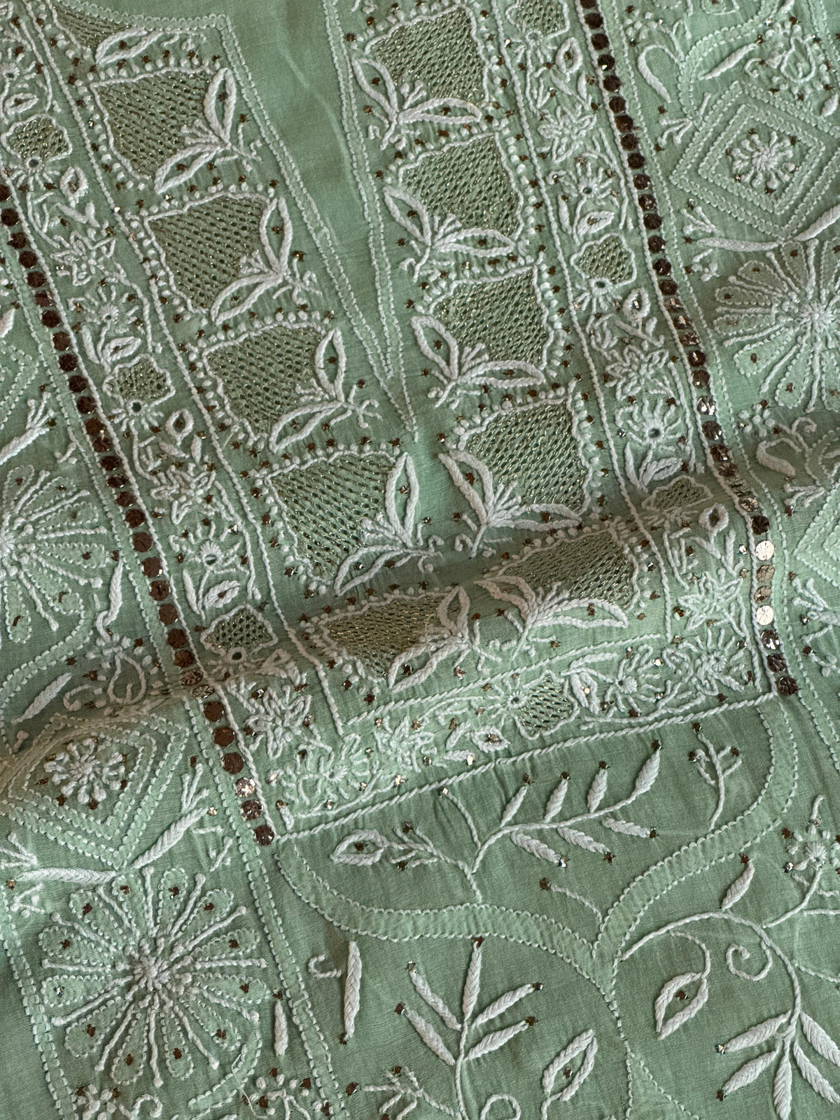 Cascade Green Shade Mal Cotton Fine Chikankari With Kamdani Work Unstitched Fabric