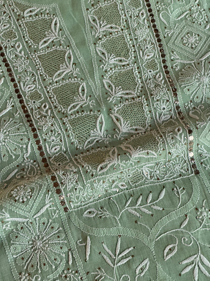 Cascade Green Shade Mal Cotton Fine Chikankari With Kamdani Work Unstitched Fabric