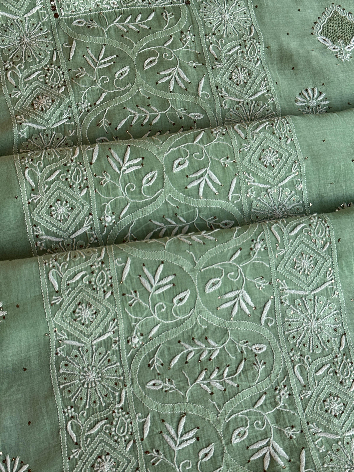 Cascade Green Shade Mal Cotton Fine Chikankari With Kamdani Work Unstitched Fabric
