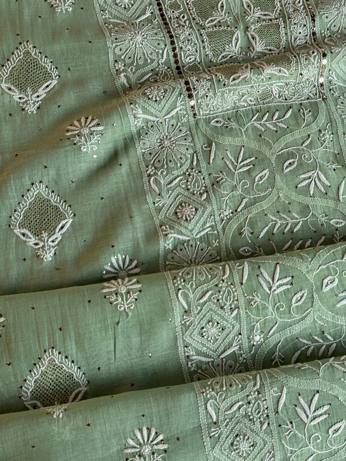 Cascade Green Shade Mal Cotton Fine Chikankari With Kamdani Work Unstitched Fabric