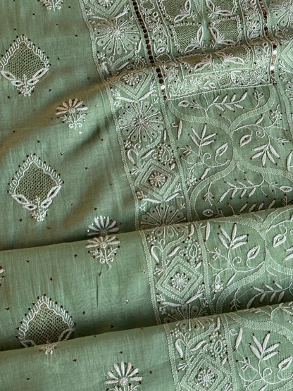 Cascade Green Shade Mal Cotton Fine Chikankari With Kamdani Work Unstitched Fabric