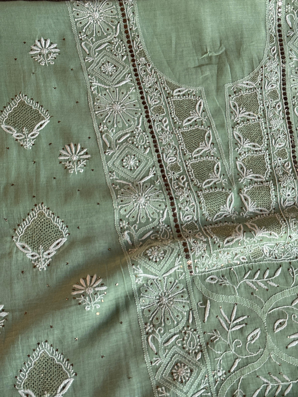 Cascade Green Shade Mal Cotton Fine Chikankari With Kamdani Work Unstitched Fabric