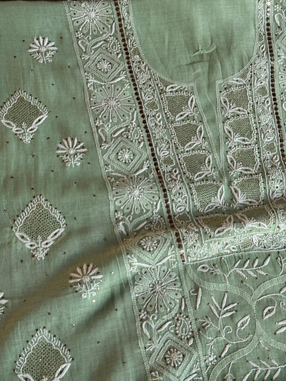 Cascade Green Shade Mal Cotton Fine Chikankari With Kamdani Work Unstitched Fabric