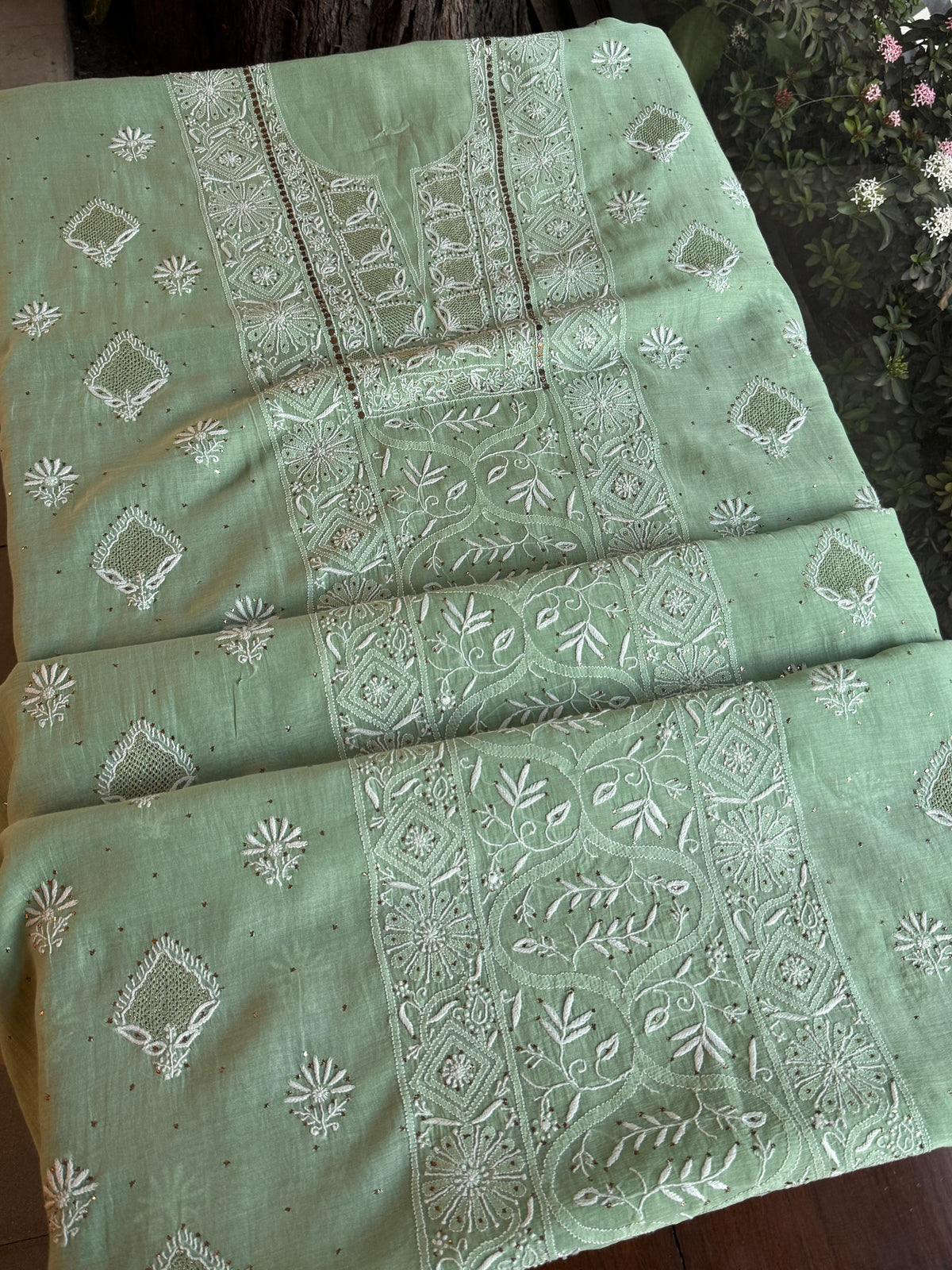 Cascade Green Shade Mal Cotton Fine Chikankari With Kamdani Work Unstitched Fabric