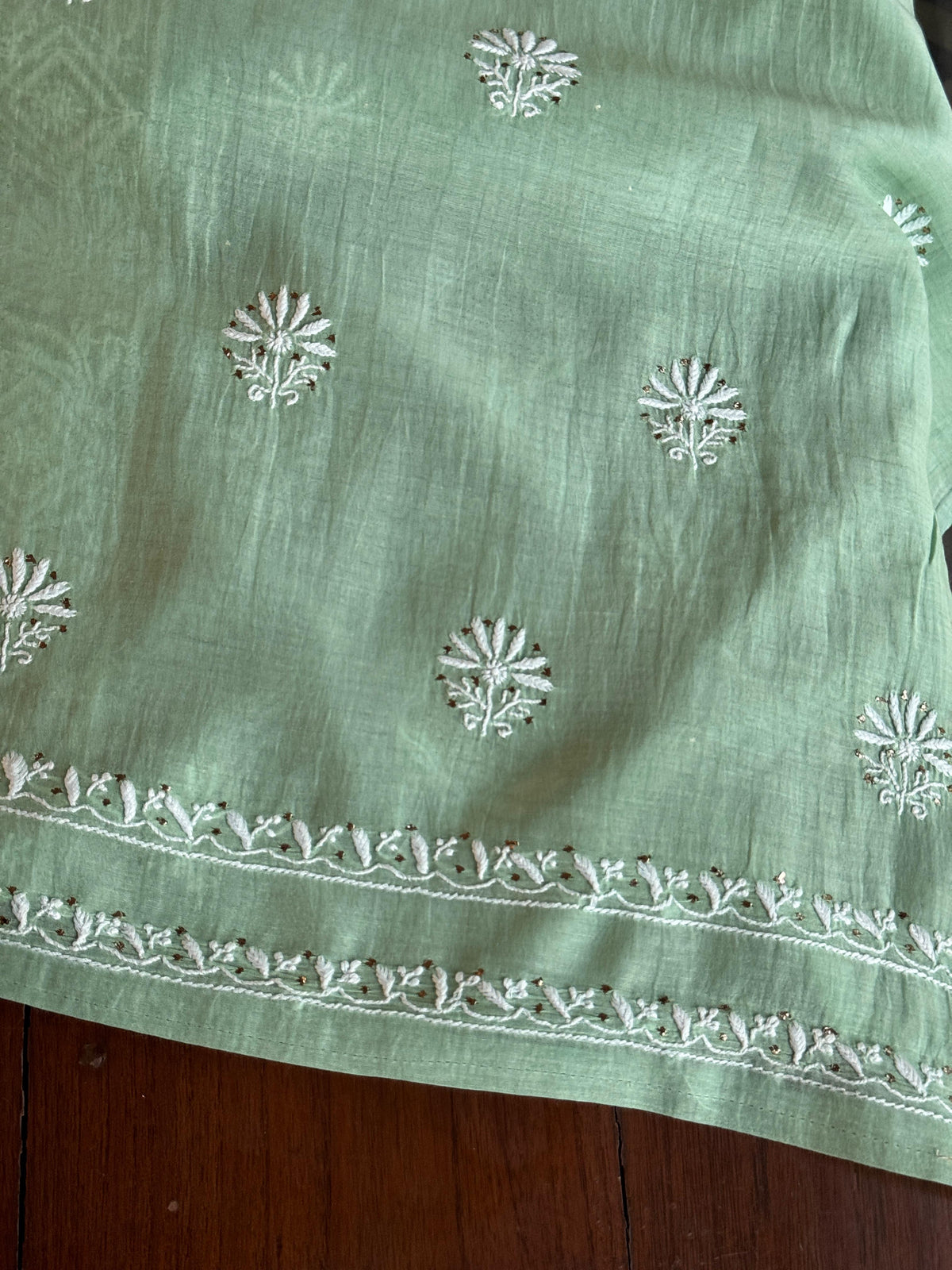Cascade Green Shade Mal Cotton Fine Chikankari With Kamdani Work Unstitched Fabric