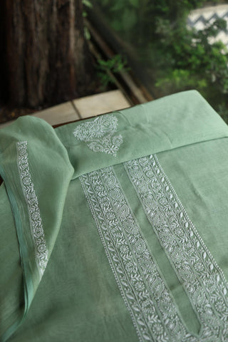 Cascade Green Shade Mulmul Chikankari Unstitched Men's Kurtas Fabric